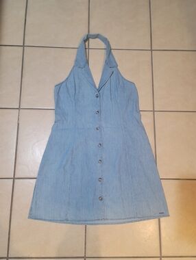 Volcom Denim Halter Mini Dress Button Front NWT Blue Size Large L